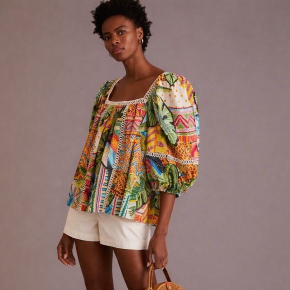 Farm Rio Anthropologie Lace Inset Peasant Blouse Tropical Print Small - Picture 11 of 11